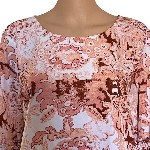 LC Lauren Conrad Blouse White Coral Damask Bow Tie Bell Sleeves Size XL - Picture 5 of 12